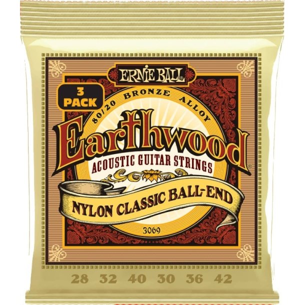 Ernie Ball 3069 Folk Nylon Clear &amp; Gold Ball End Strings 3-Pack